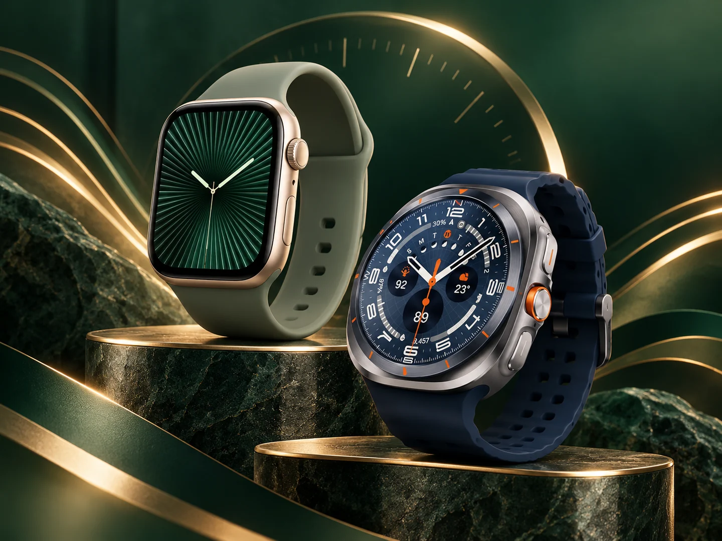 Smart Watch Apple Watch และ Samsung Galaxy Watch ภาพ Hero แปะโป้ง